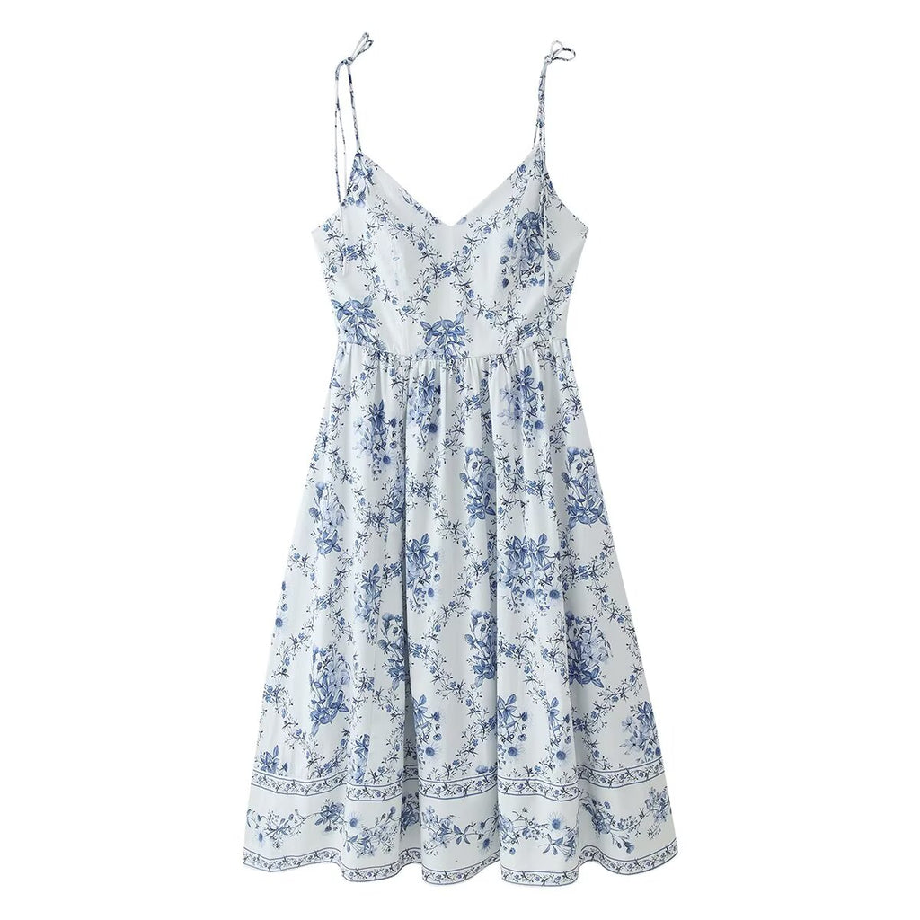 Women's slip dress, sleeveless V-neck, blue floral print midi length