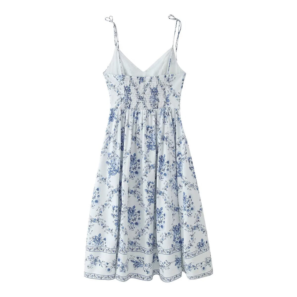 Women's slip dress, spaghetti straps, blue floral print with flared skirt