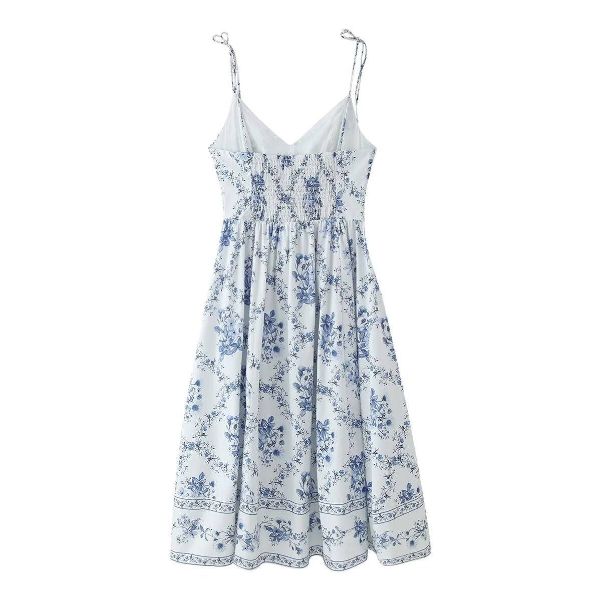 Women's slip dress, spaghetti straps, blue floral print with flared skirt
