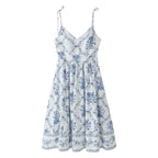 Women's slip dress with spaghetti straps, blue floral print and gathered empire waist