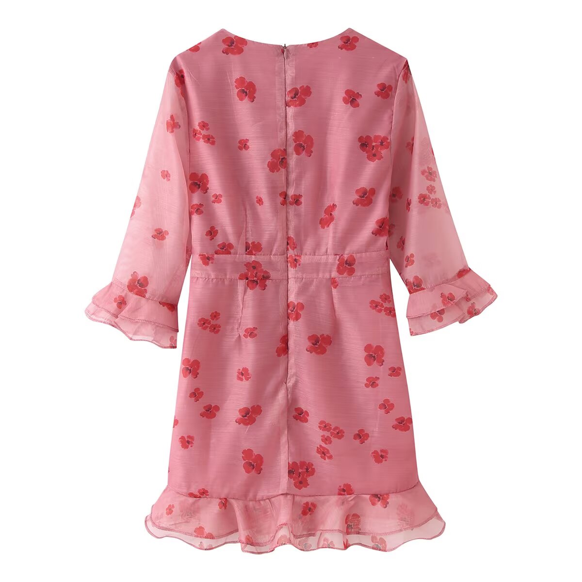 Pink ruffled summer dress with red floral print, back view, tiered hem