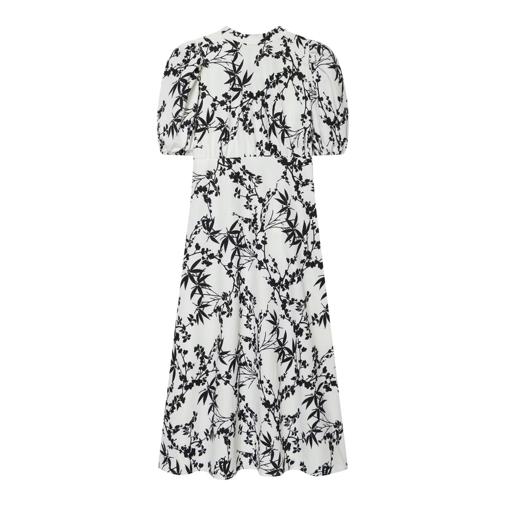 Women’s summer dress with black floral print, short puff sleeves