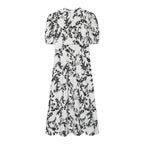 Women’s summer dress with black floral print, short puff sleeves