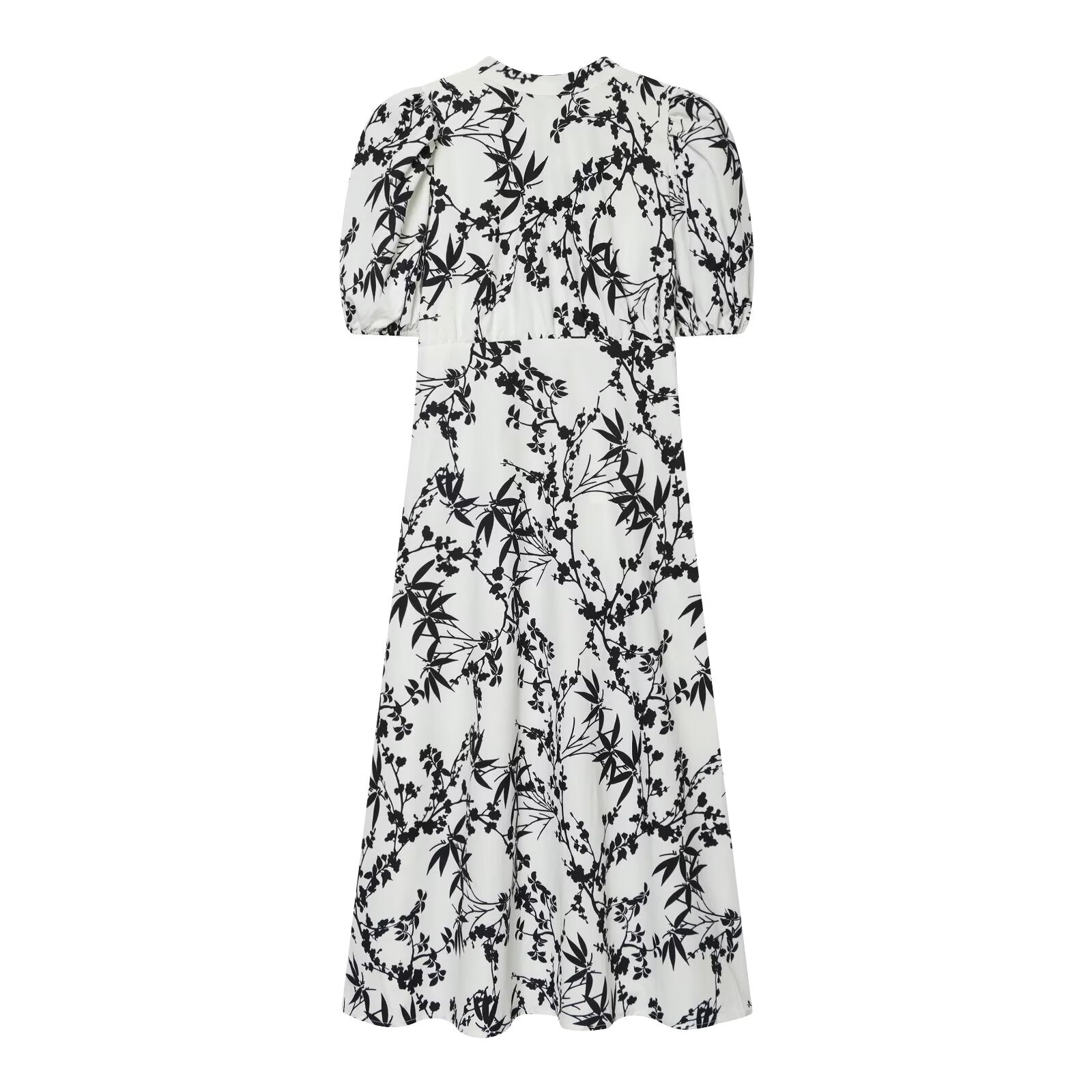 Summer dress with black floral print, short puff sleeves and midi skirt