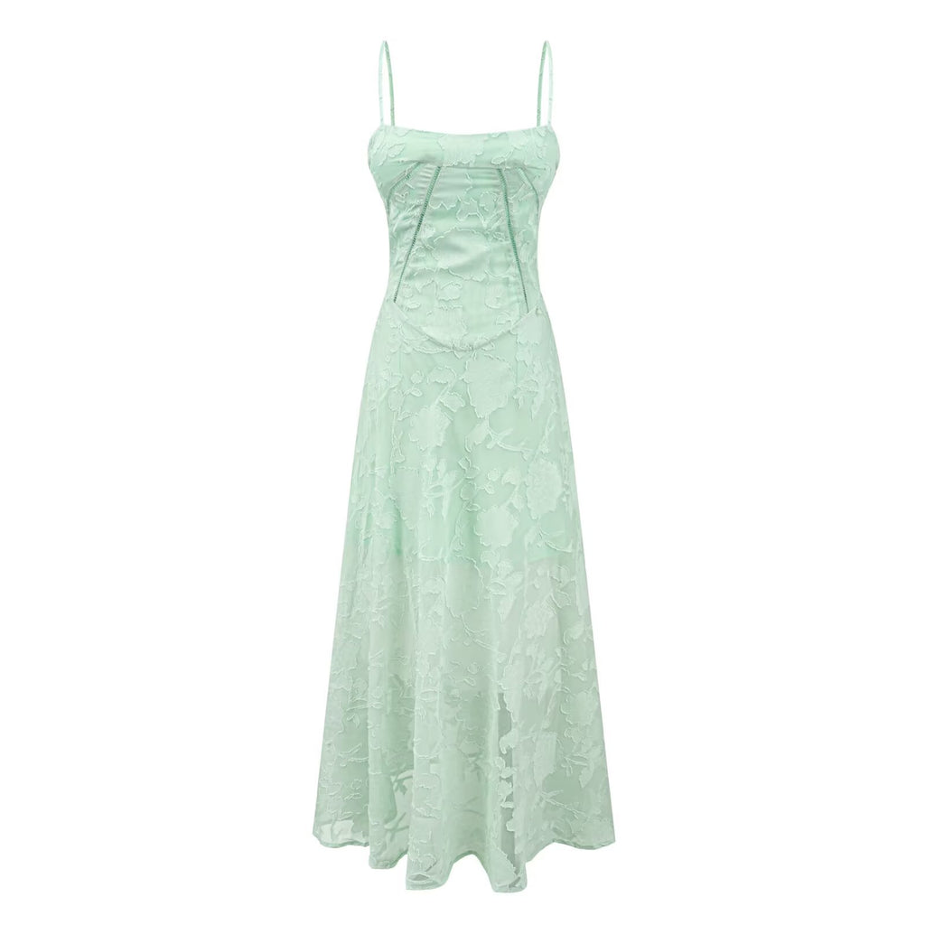Light green lace midi summer dress with spaghetti straps