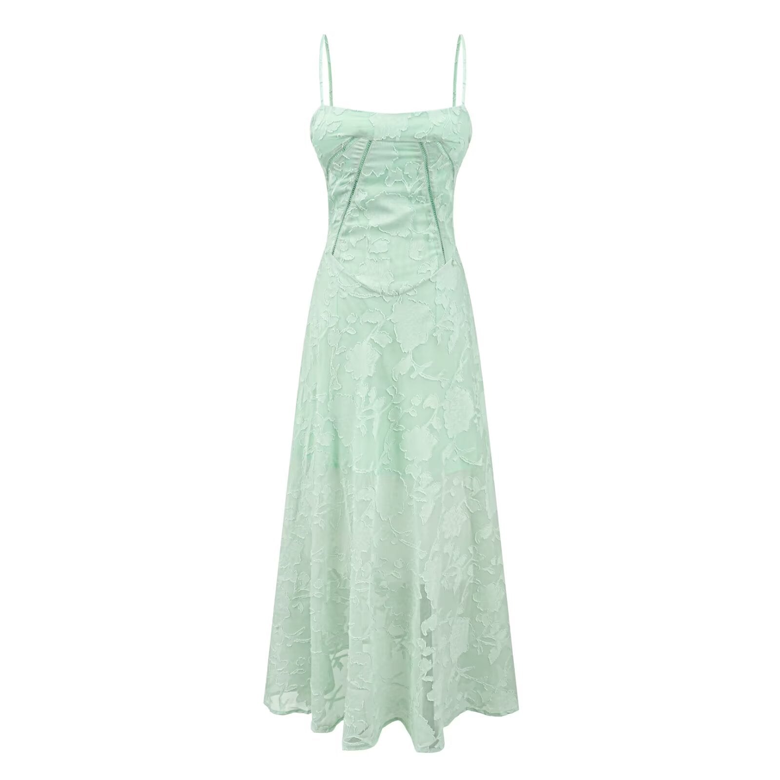 Light green lace midi summer dress with spaghetti straps