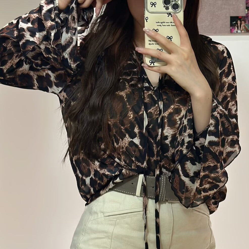 Women Clothing Fashionable Leopard Print Lace up Chiffon