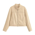Women Clothing Summer Casual All Matching Rivets Stand Collar Short Jacket