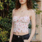Women Clothing Summer Slim Fit Slimming French Pastoral Printed Tied Spaghetti Strap Vest