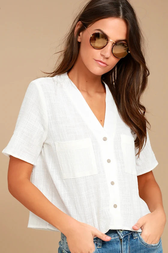 Summer Solid Color V Cut Button Short Sleeved Women Tops