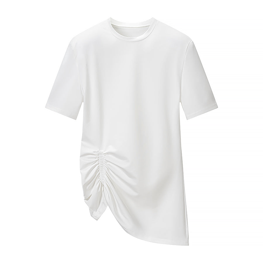 Summer Simple round Neck Side Pleating Drawstring Irregular