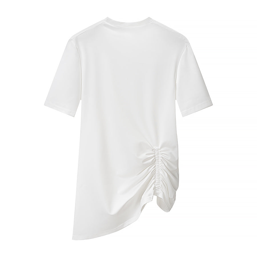 Summer Simple round Neck Side Pleating Drawstring Irregular