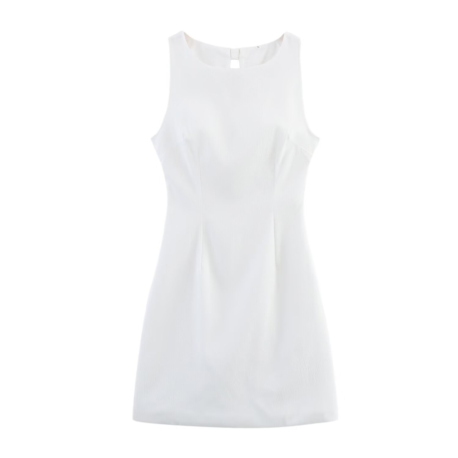 White sleeveless dress with round neckline and buttoned back keyhole