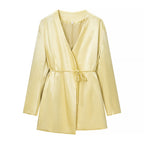 Spring Casual Women Clothing Tied V neck Long Sleeve Blazer Wide Leg Pants Set