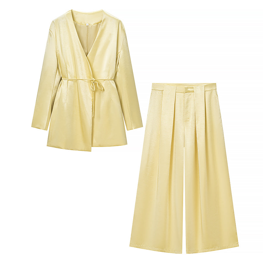Spring Casual Women Clothing Tied V neck Long Sleeve Blazer Wide Leg Pants Set