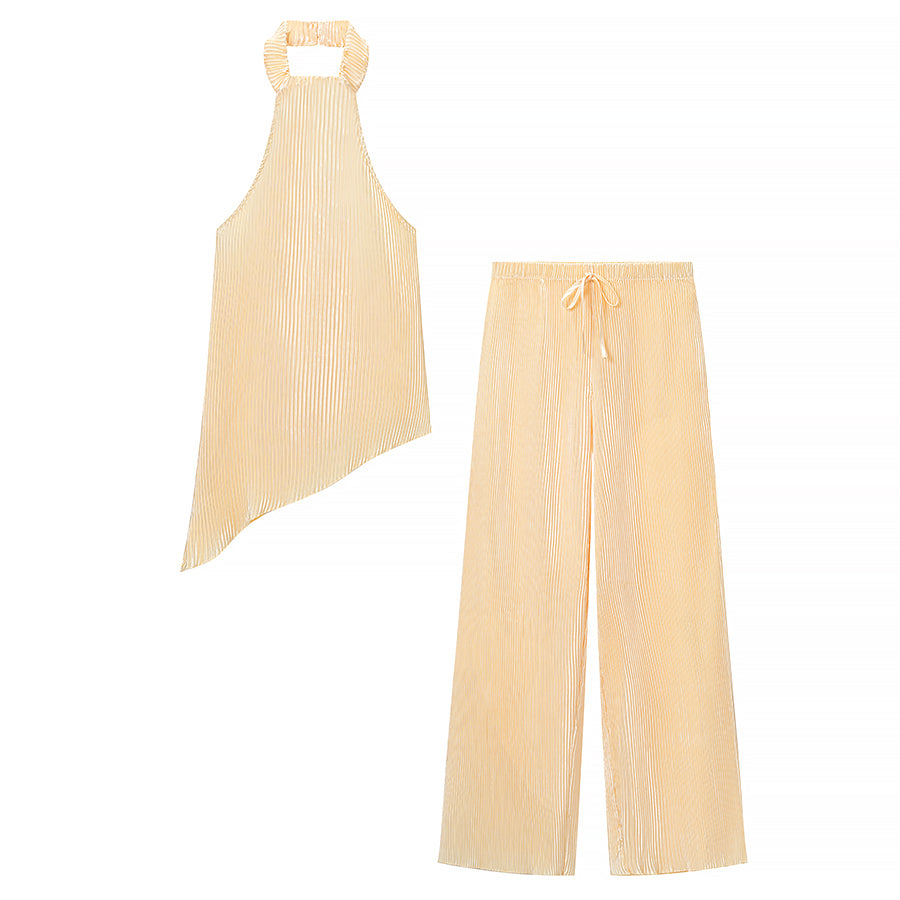 Summer Crumpled SL Halter Vest WL Pants Two Piece Set