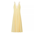 Yellow sleeveless V-neck maxi dress, A-line fit and gathered skirt