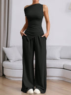 Summer Women Solid Color SL Vest Pants Set Casual Two Piece