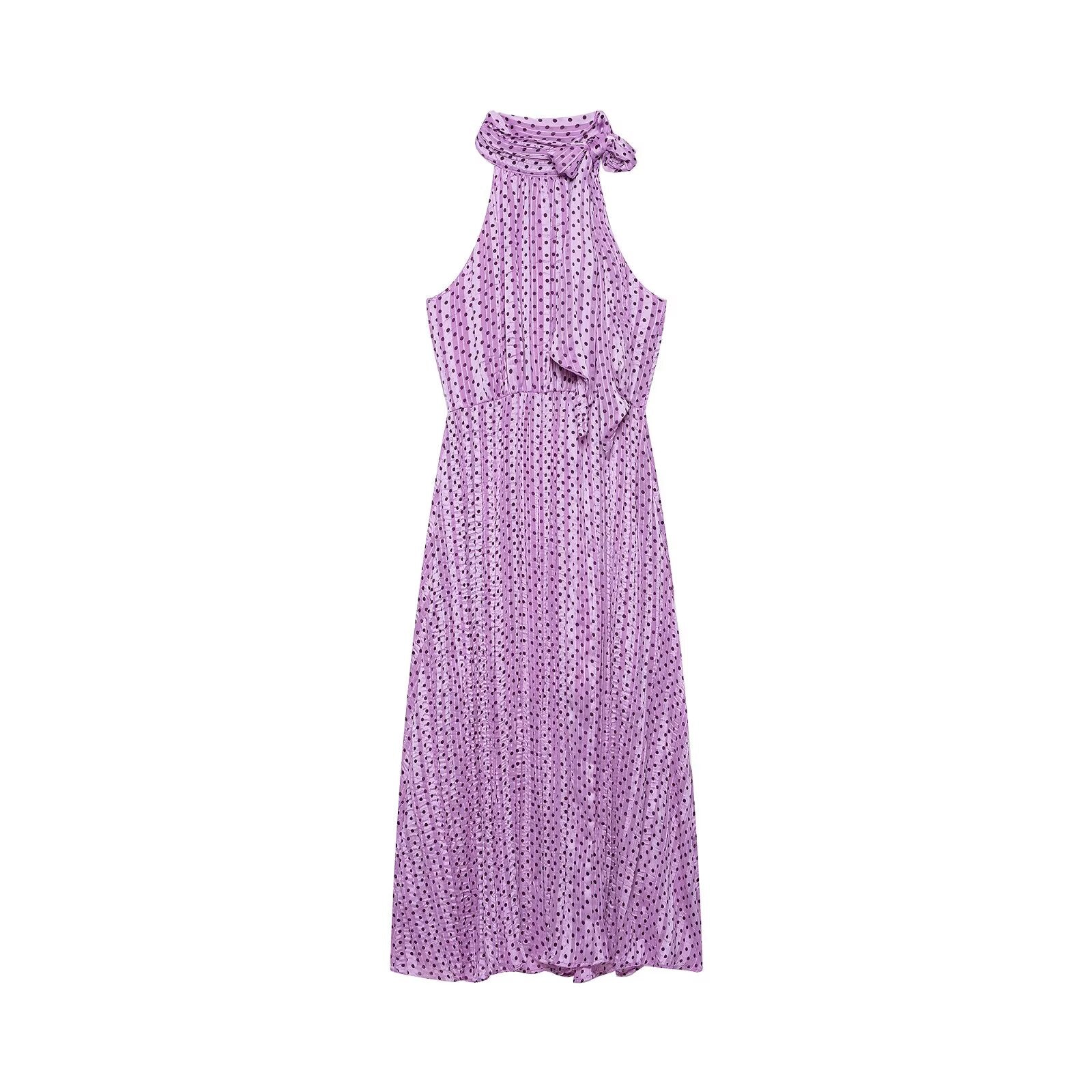 Violet polka-dot sleeveless dress with ruffled halter neckline and tied shoulder bow