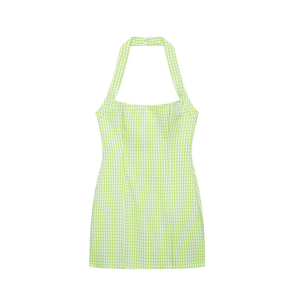 Green gingham square-neck sleeveless sheath dress, front view