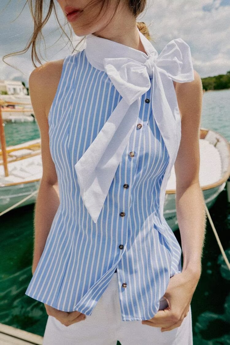 Women Clothing Summer Casual Bowknot Decoration Striped SL