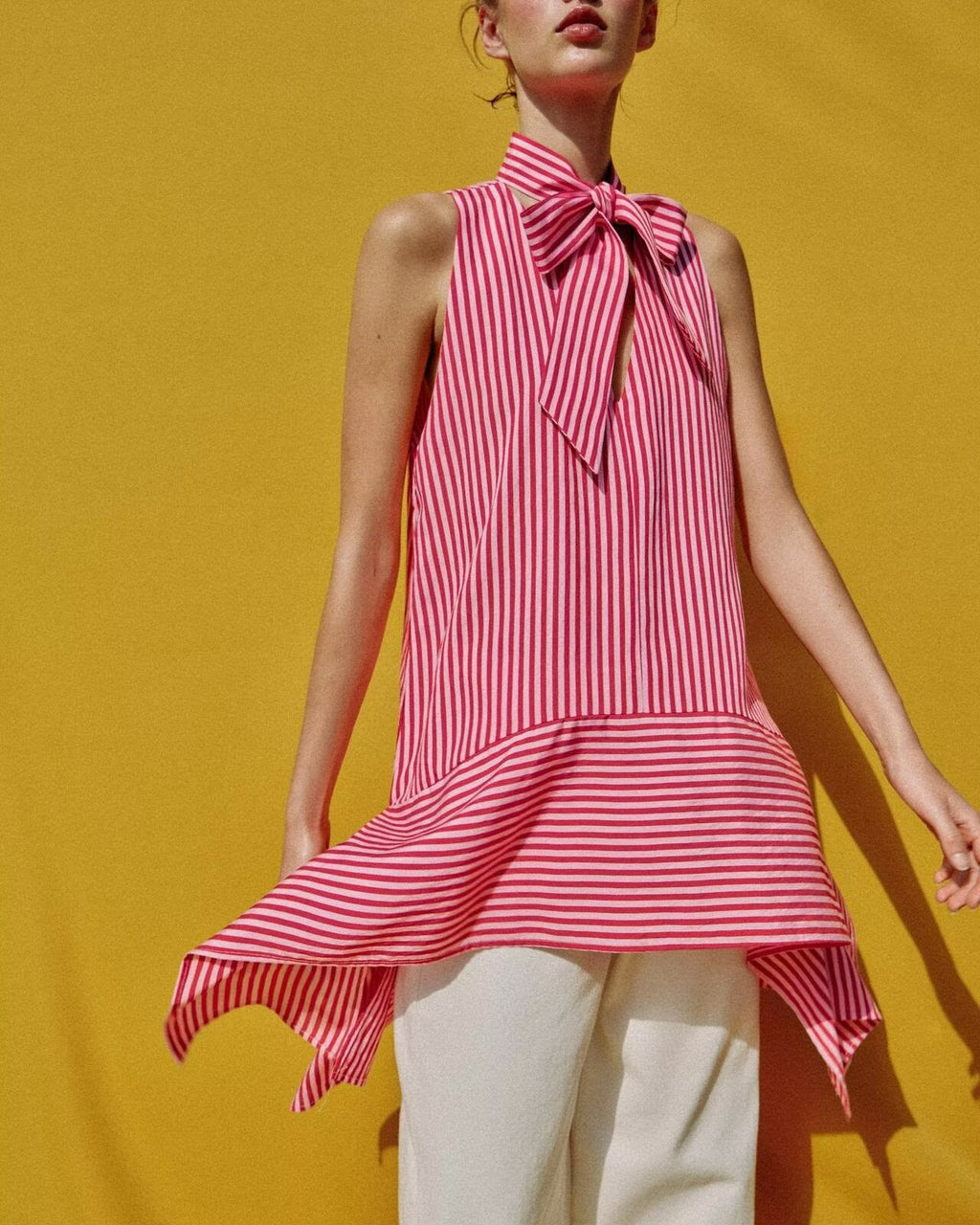 Women Clothing Summer SL Stand Collar Asym Striped Asymal