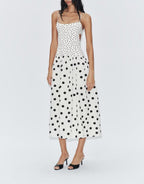 Polka dot cami slip dress with spaghetti straps, fitted bodice and midi skirt