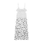 Polka dot cami dress with thin spaghetti straps and gathered midi skirt