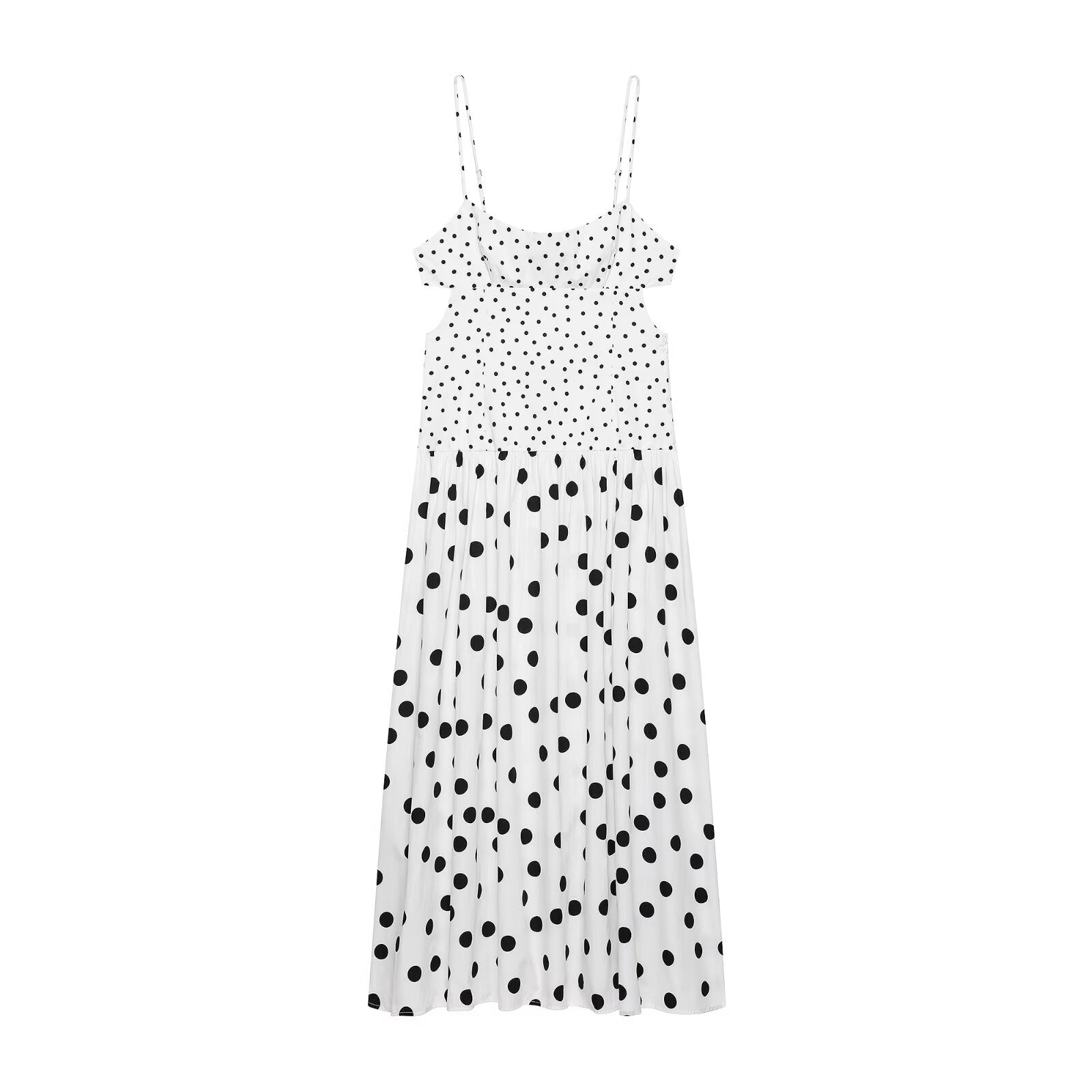 Polka dot cami dress with thin spaghetti straps and gathered midi skirt