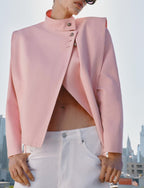 Women Clothing Summer Casual Oblique Breasted Pink Stand