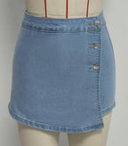 Retro Washed Denim Culotte Front Slit Button Design Anti Exposure Pantskirt Women