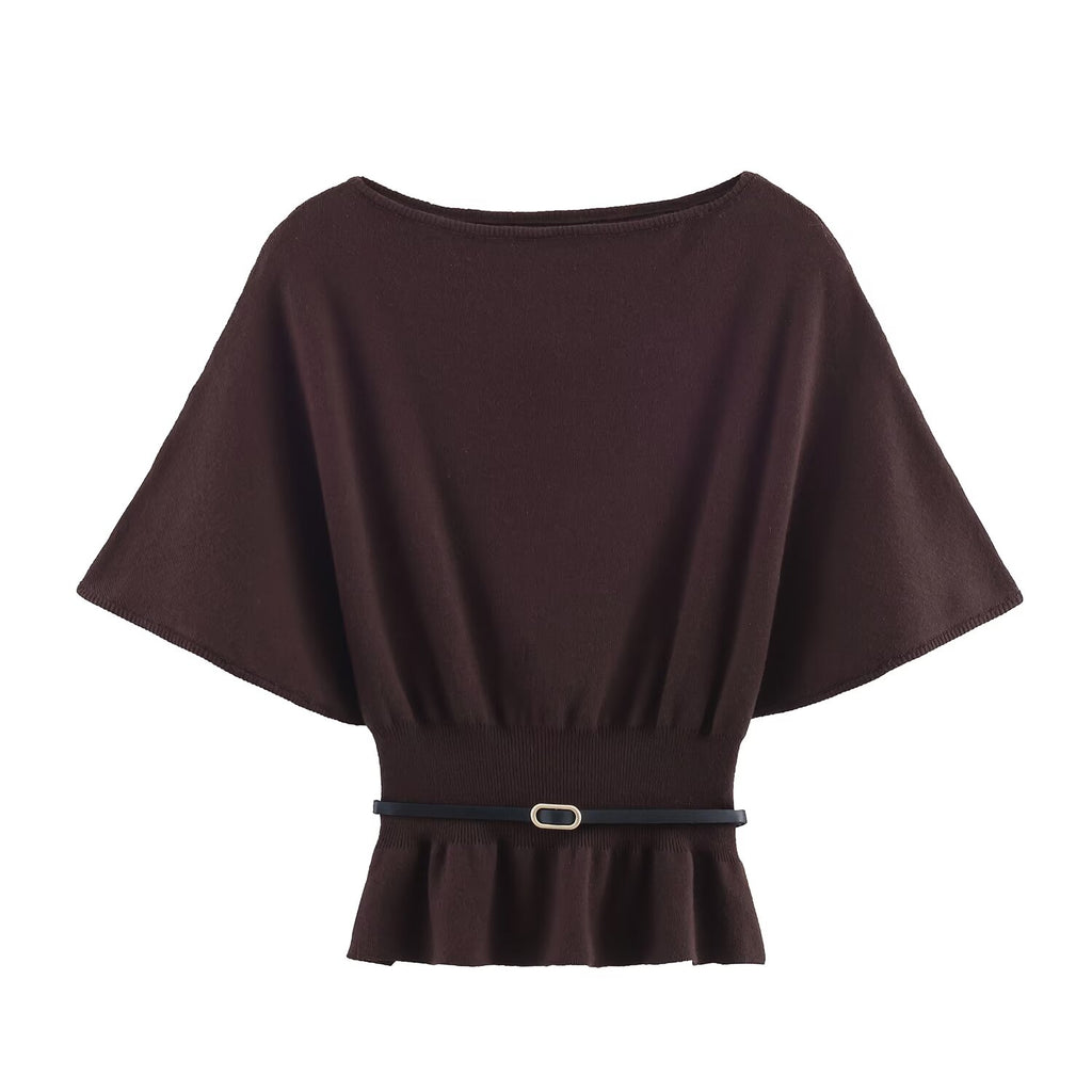 Women Clothing Fall Tight Waist Hem with Belt Knitted T