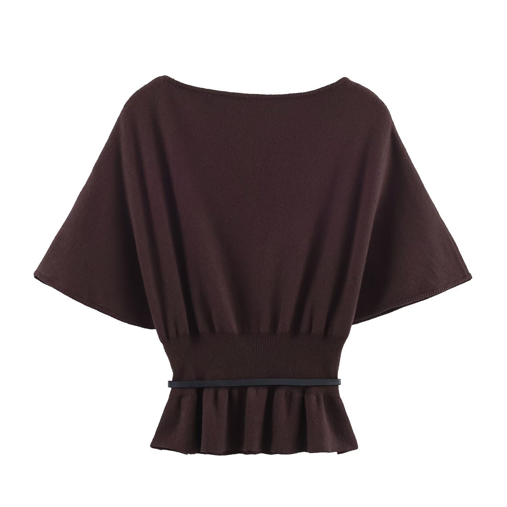 Women Clothing Fall Tight Waist Hem with Belt Knitted T
