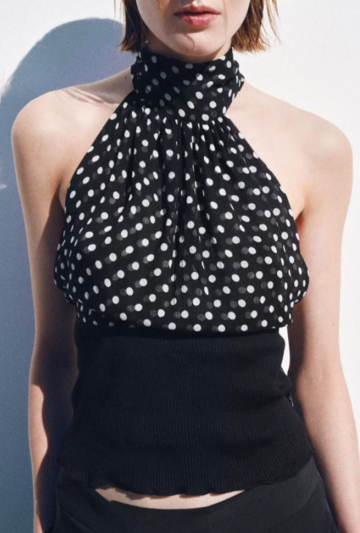 Women Clothing Summer Holiday Polka Dot Hanging Collar Top