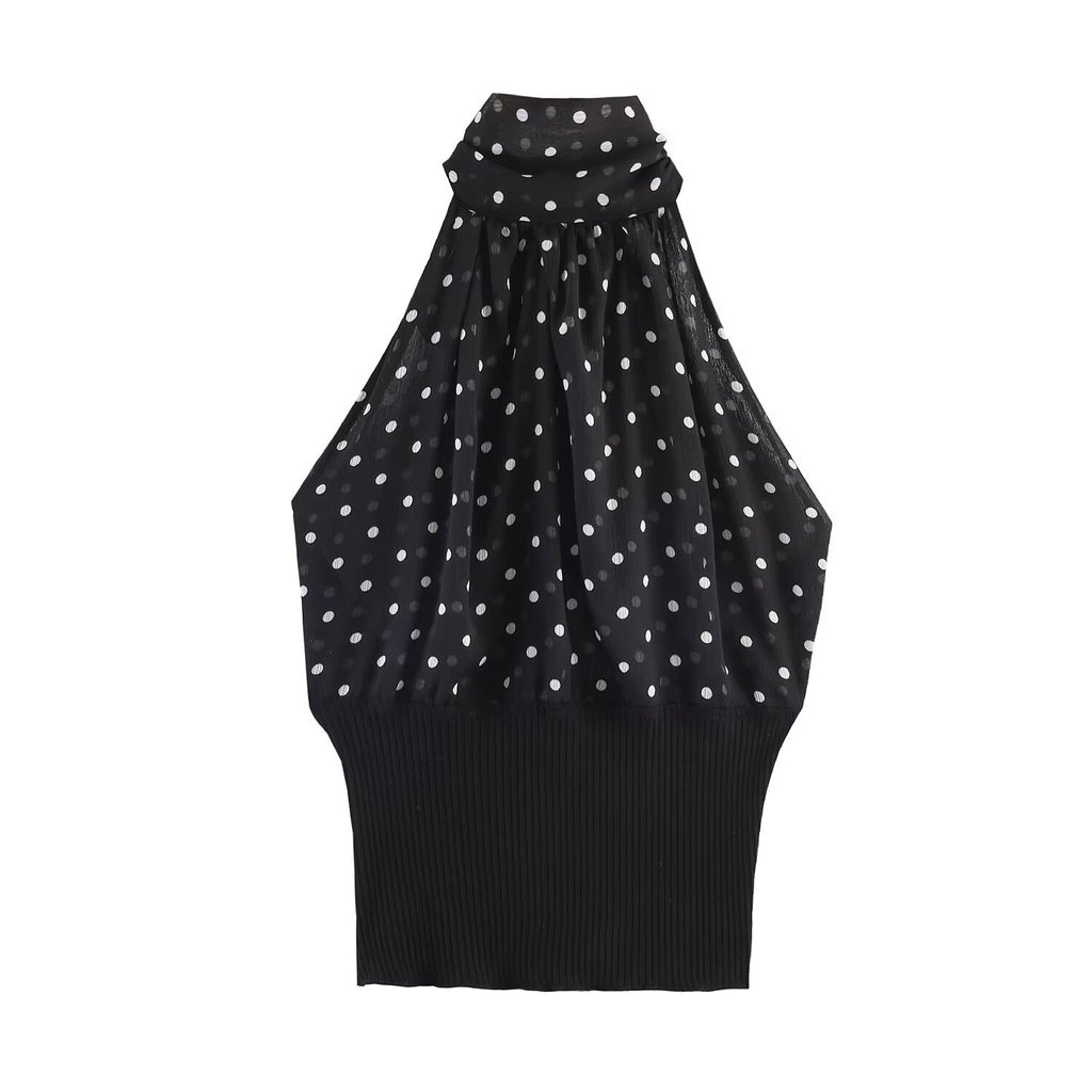 Women Clothing Summer Holiday Polka Dot Hanging Collar Top