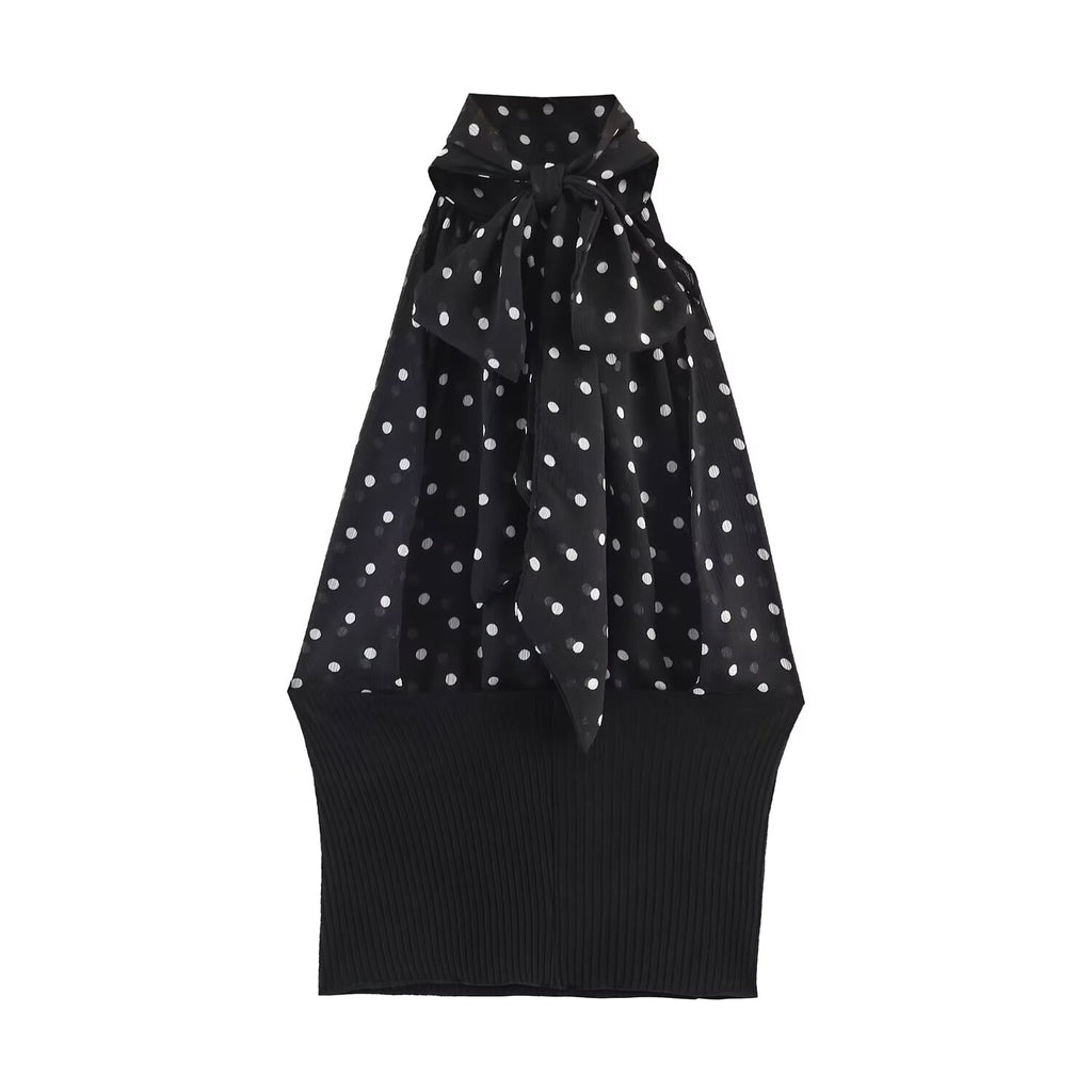 Women Clothing Summer Holiday Polka Dot Hanging Collar Top