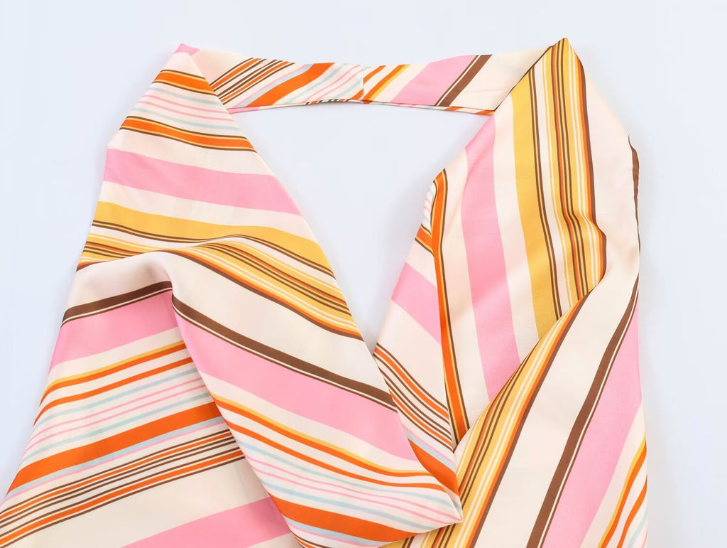Summer Women Clothing Striped Hanging Collar Top
