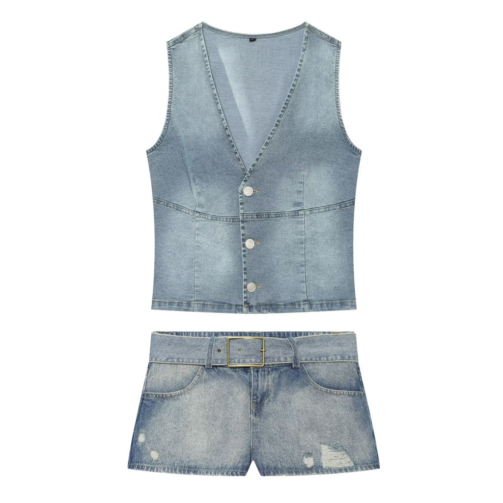 Women Clothing Denim Slim Vest Top with Belt Ripped Denim