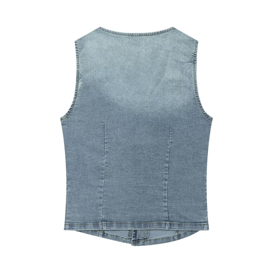 Women Clothing Denim Slim Vest Top with Belt Ripped Denim