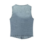 Women Clothing Denim Slim Vest Top with Belt Ripped Denim