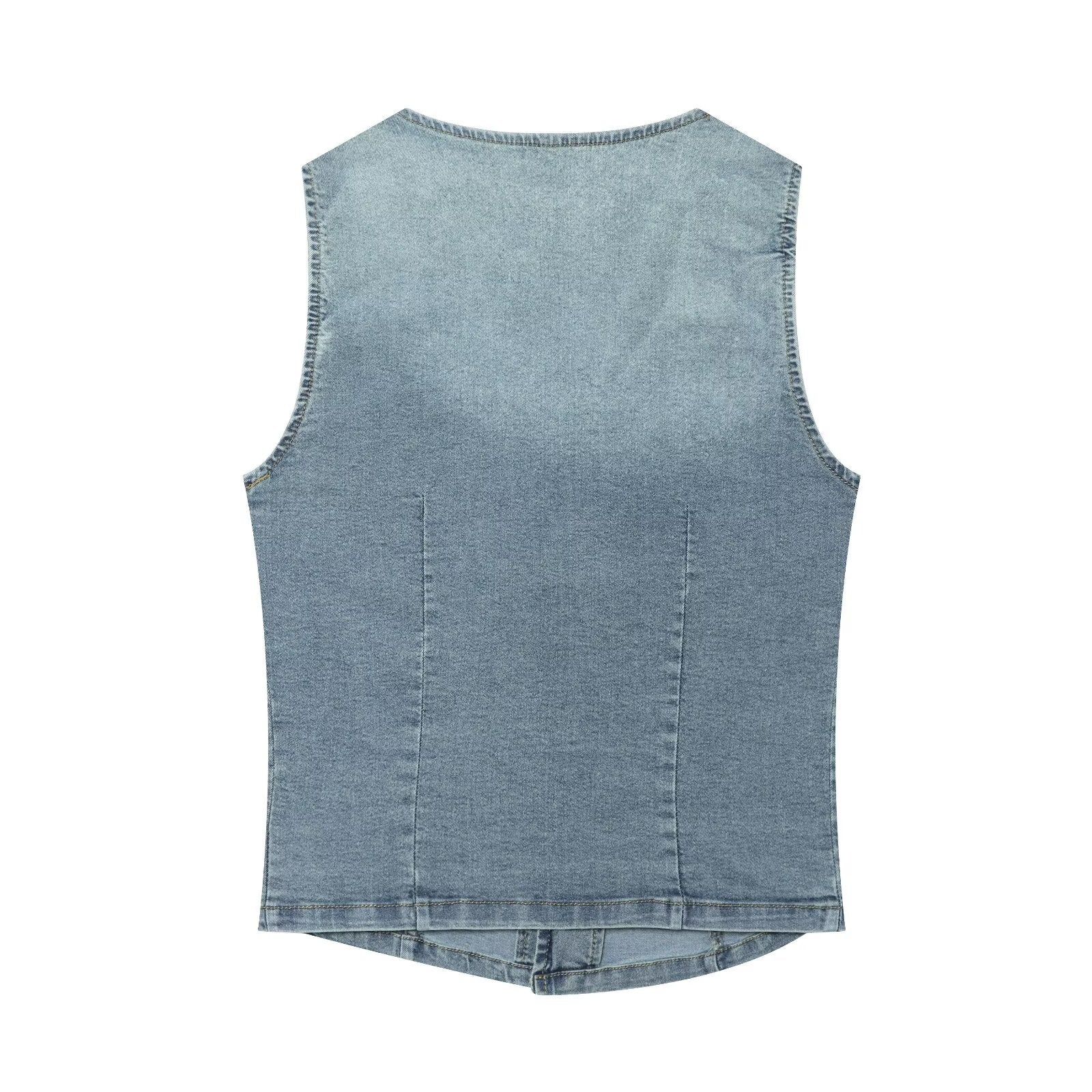 Women Clothing Denim Slim Vest Top with Belt Ripped Denim
