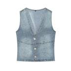 Women Clothing Denim Slim Vest Top with Belt Ripped Denim