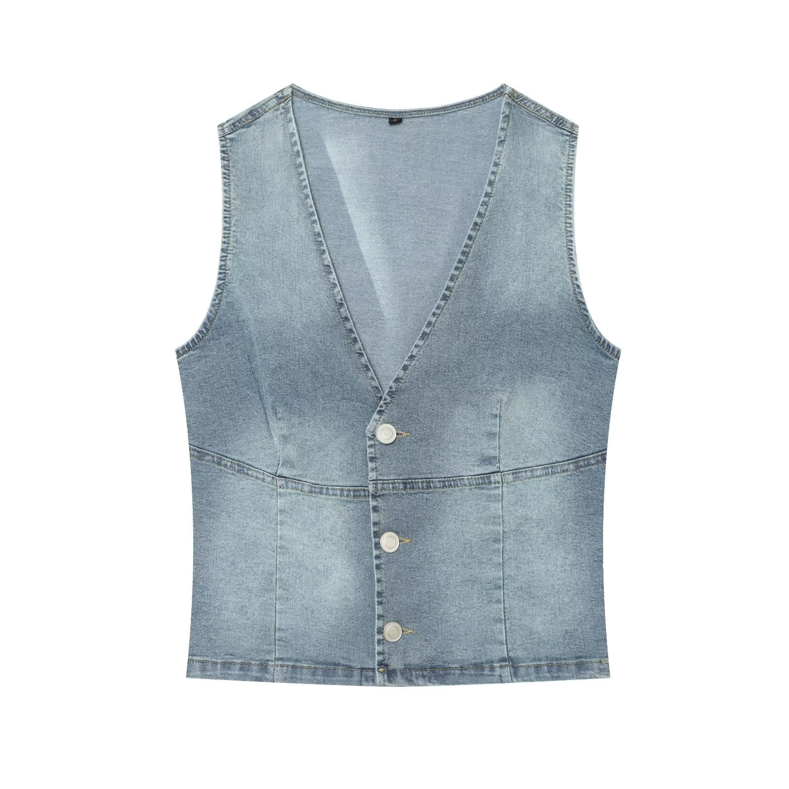 Women Clothing Denim Slim Vest Top with Belt Ripped Denim
