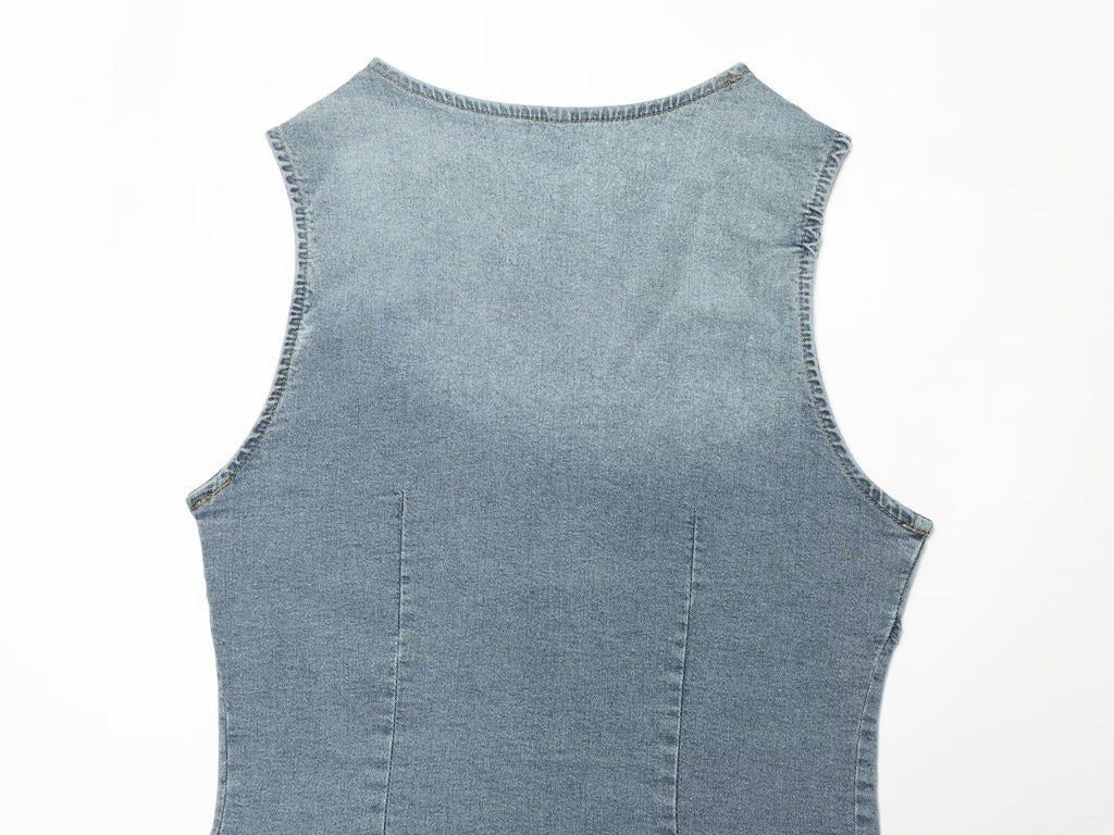 Women Clothing Denim Slim Vest Top with Belt Ripped Denim