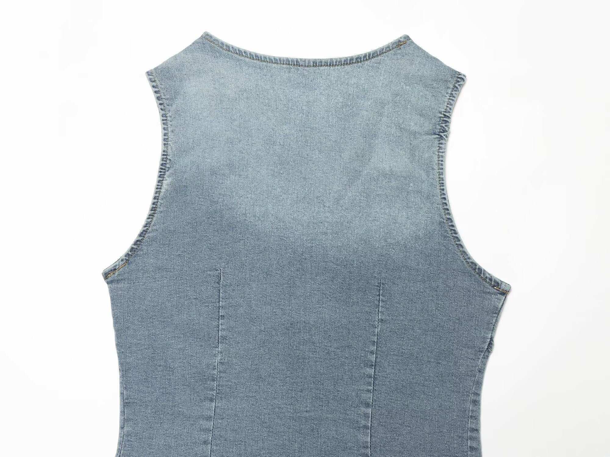 Women Clothing Denim Slim Vest Top with Belt Ripped Denim