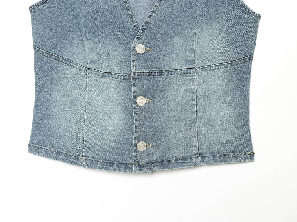Women Clothing Denim Slim Vest Top with Belt Ripped Denim