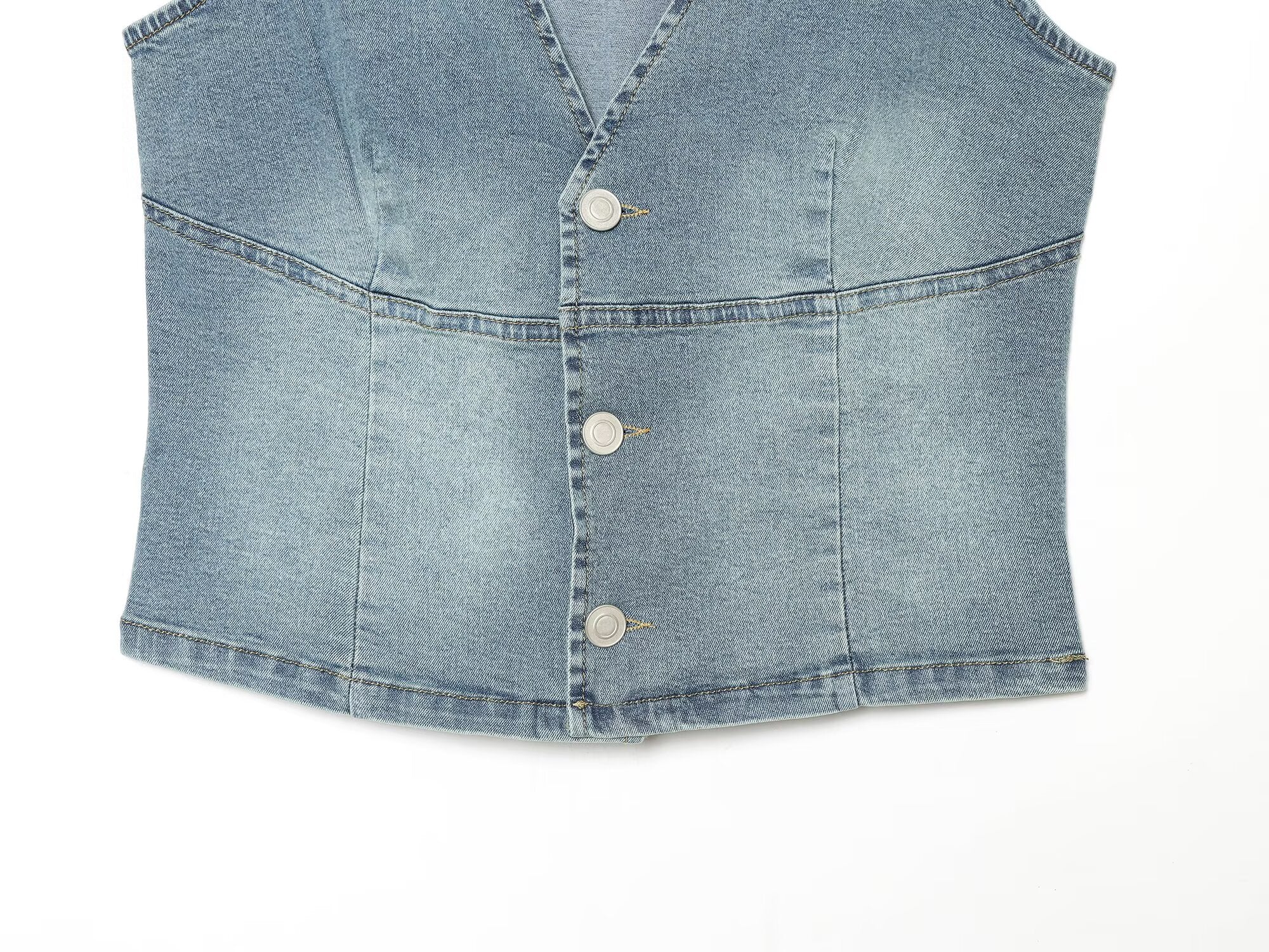 Women Clothing Denim Slim Vest Top with Belt Ripped Denim