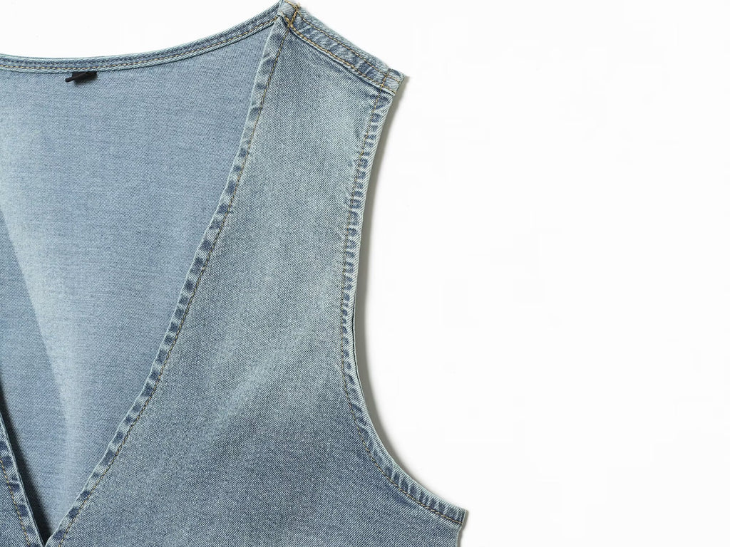 Women Clothing Denim Slim Vest Top with Belt Ripped Denim