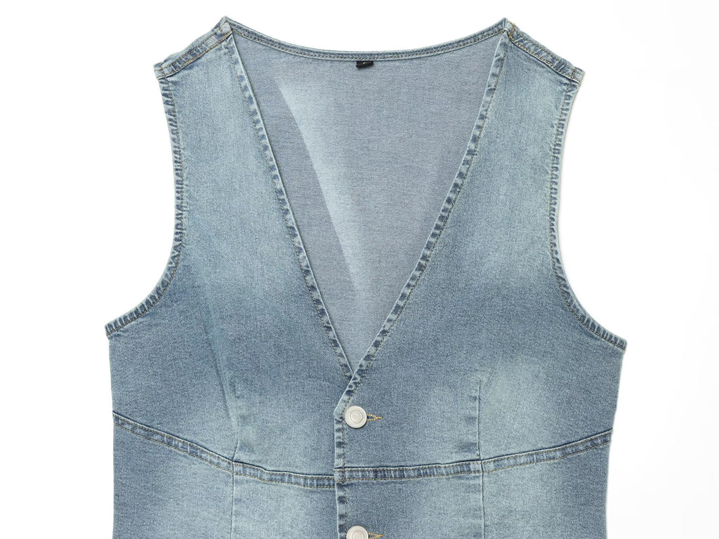 Women Clothing Denim Slim Vest Top with Belt Ripped Denim