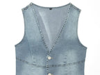 Women Clothing Denim Slim Vest Top with Belt Ripped Denim